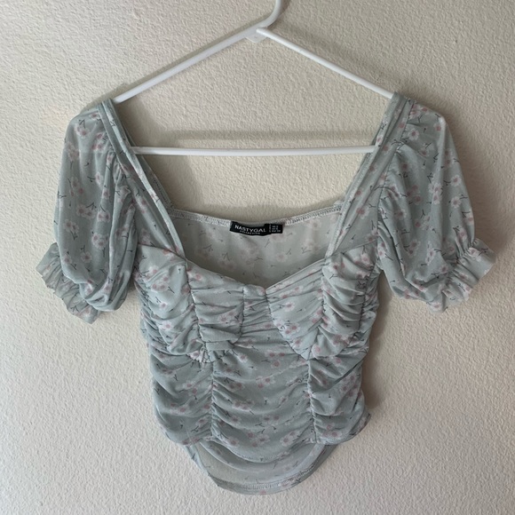 Nasty Gal Tops - Nasty Gal Light Green Floral Ruffle Top
